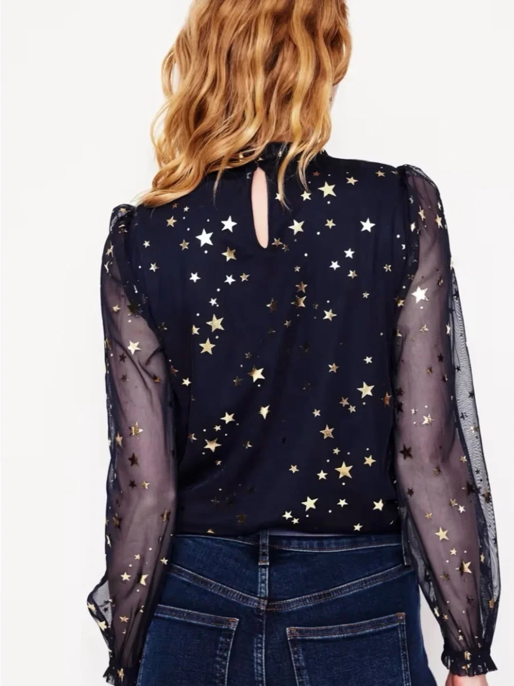 Boden Navy & Gold Metallic Star Mesh Blouse | US 18 / UK 22